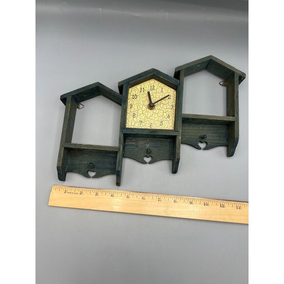 Wooden Clock with Built In Mini Shelves & Hooks Hearts 12" W Green Cottage Core - Picture 4 of 9